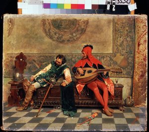 Guerrero borracho y bufón de la corte. Pintura de Casimiro Tomba (1857-1929). Óleo sobre lienzo, 37 x 47 cm. Arte italiano del siglo XIX. Museo de Arte M. Kroshitsky, Sebastopol.