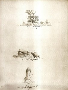 Árbol, carretilla y torre de Caspar David Friedrich