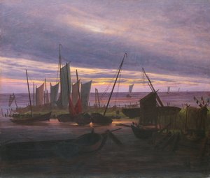 Barcos en el puerto al atardecer, c. 1828 de Caspar David Friedrich