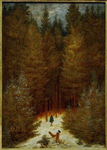 El cazador en el bosque (Un bosque de abetos nevado, abetos) de Caspar David Friedrich