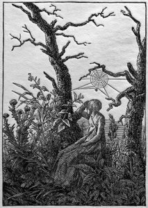 La mujer con la telaraña entre árboles desnudos de Caspar David Friedrich