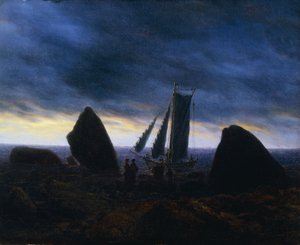 Barco de Pesca Pasando Figuras en una Playa del Báltico de Caspar David Friedrich