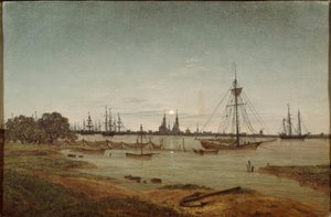 Puerto a la luz de la luna de Caspar David Friedrich