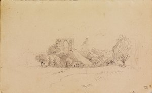 Ruinas del monasterio de Eldena, con una casa de techo de paja y una pequeña masa de agua de Caspar David Friedrich