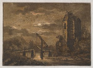 Paisaje con puente levadizo y ruina a la luz de la luna de Caspar David Friedrich