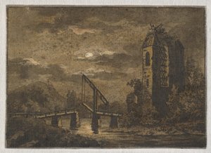 Paisaje con puente levadizo y ruina a la luz de la luna