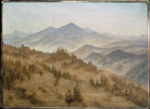 Montañas en la niebla ascendente de Caspar David Friedrich