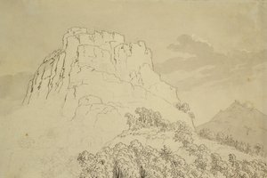 Cima Rocosa con una Colina Boscosa al frente de Caspar David Friedrich