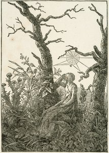 Mujer con tela de araña entre árboles desnudos de Caspar David Friedrich