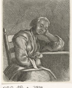 Chica durmiendo en la mesa de Caspar Jacobsz. Philips