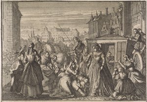 Mujeres arrodilladas ante la reina Ana en París, rogándole que reduzca los impuestos, 1645 de Caspar Luyken (attributed to)