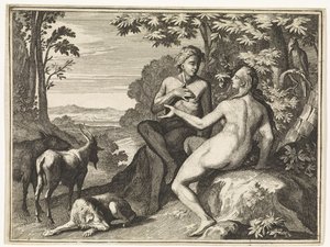Adán y Eva rodeados de animales en el paraíso de Caspar Luyken