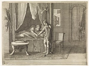 David, en su lecho de muerte, dirige sus últimas exhortaciones a Salomón de Caspar Luyken