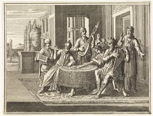 David está sentado a una mesa y toca el arpa de Caspar Luyken