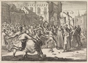 En Danzig, una procesión es recibida por el pueblo con escalones de piedra, 1678 de Caspar Luyken