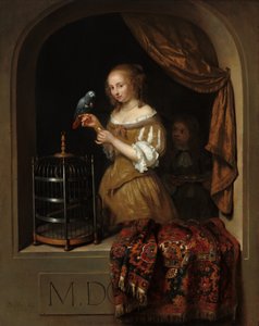 Una Mujer Alimentando a un Loro, con un Paje de Caspar Netscher