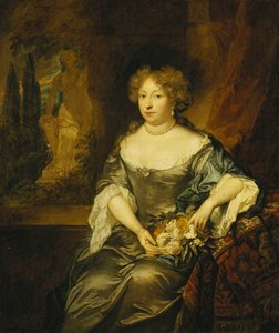 Retrato de una dama, sentada, tres cuartos de longitud, con un vestido de satén gris, sosteniendo una cesta de flores frente a una ventana, una estatua en un parque más allá de Caspar Netscher