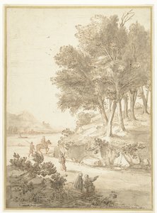 Paisaje italianizante con figuras a lo largo de un camino y un río al fondo de Caspar van Wittel