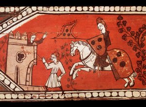 Caballeros con banderas: el caballero, la princesa y el heraldo. Siglo XIII de Catalan School