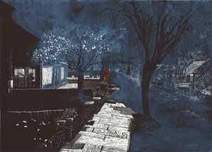 Sonido de la música en los suburbios, 2012 (linograbado y aguafuerte) de Catherine Sutcliffe Fuller