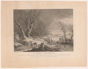 Paisaje invernal con figuras atacadas. La forest dangereuse (título sobre objeto) de Cathérine Elise Cousinet