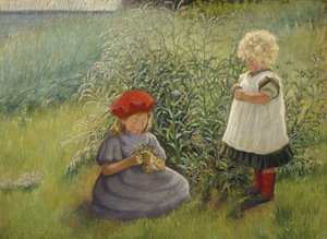 Dos niñas recogiendo flores (óleo sobre lienzo) de Cathrine Zernichow