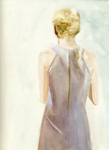 Armario de Rosemary Woodhouse, Conjunto 38: Vestido sin mangas, de lino, color topo, con espalda deportiva y cremallera trasera (fiesta de Año Nuevo de Castevets), 2009 (óleo sobre papel)