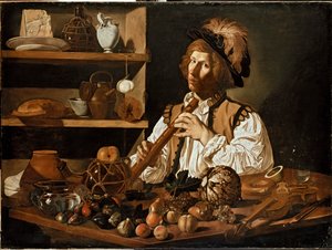 Interior con un joven sosteniendo una flauta dulce, c. 1610-1621 de Cecco del Caravaggio