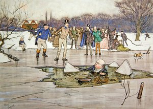 Una cara, cabeza, hombros, emergieron de debajo del agua y revelaron los rasgos y gafas del Sr. Pickwick