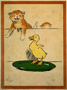Gatos y pato. Dibujo de Cecil Aldin (1870-1935). París, Artes Decorativas de Cecil Charles Windsor Aldin