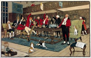 Desayuno del cazador. De vuelta de la caza, los cazadores cuentan sus hazañas. Grabado de Cecil Aldin (1870 -? ), Inglaterra. Colección Go.
