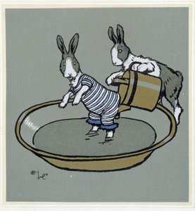 Conejos tomando un baño - en "Merry Party", ilustrado por Cecil Aldin, ed. Hodder & Stoughton, Londres de Cecil Charles Windsor Aldin