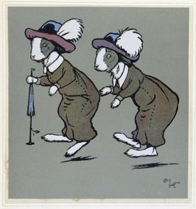 Conejos con sombreros - en “Merry Party”, il. por Cécil Aldin, ed. Hodder & Stoughton, Londres