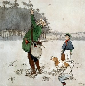 El cazador disparando a los patos. Acuarela de Cecil Aldin (1870-1935). Siglo XIX. Colección privada.