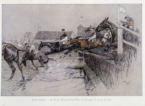 El Gran Steeple Chase Nacional en Liverpool: El salto del río - dibujo de Cecil Aldin de Cecil Charles Windsor Aldin