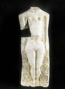 Mujer con tres senos. Estatuilla hecha por el alfarero celta "Rextuguenos", firma y rouelles (único alfarero armoricano conocido), para Laraire (lugar de oración en una villa romana) de Celtic
