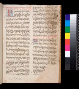 Ms 148. Gregorio el Grande, Diálogos en traducción italiana de Domenico Cavalca, f.1r Letras decoradas [P] y [D] en rojo con decoración de pluma en azul