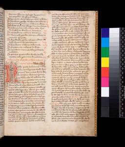 Gregorio Magno, Dialogi en traducción italiana de Domenico Cavalca, letra decorada [N] en tinta roja con adornos en tinta marrón de Central Italian School