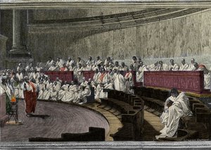 Cicerón denuncia al conspirador Catilina (Lucius Sergius Catilina) (108-62 a.C.) el 8 de noviembre de 63 a.C. La escena se desarrolla en Roma en el Senado, grabado después del fresco realizado entre 1882 y 1888 por Cesare Maccari (1840-1919). Roma Palazzo  de Cesare (after) Maccari