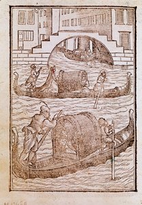 Góndolas en la laguna de Venecia en el siglo XV. Grabado de Degli abiti antichi e moderni de Cesare Vecellio (1521-1601) de Cesare (after) Vecellio