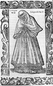 Renacimiento: una cortesana en la época del Papa Pío V (1566-1572). Grabado de “Trajes Modernos y Antiguos” de Cesare Vecellio de Cesare (attr. to) Vecellio