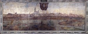 Vista de la ciudad de Viena, Austria. Vista de las ciudades del Imperio de los Habsburgo. Fresco del Patio de Michelozzo en el Palazzo Vecchio de Florencia. Pintura de Sebastiano Veronese Giovanni Lombardi, Cesare Baglioni y Turino da Piamonte, hacia 1565.
