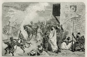 Un niño llevado en triunfo al regreso de la ceremonia de circuncisión, en medio de la multitud que dispara al aire, mientras grita y disfruta, grabado por C.Biseo para ilustrar la historia Le Maroc por Edmondo de Amicis, en de Cesare Biseo