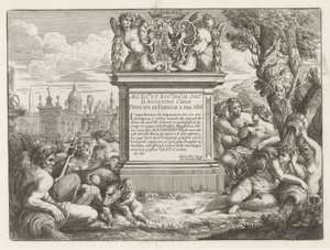 Dedicatoria y arma de Agostino Chigi y vista de Roma Fontane di Roma (título de la serie) Fuentes de Roma (título de la serie) de Cesare Fantetti