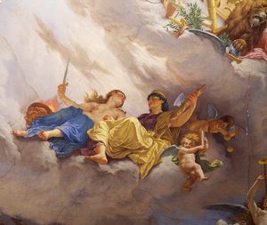 (detalle) Alegoría de Italia, fresco por Cesare Mariani, techo, Sala de la Mayoría, Palazzo delle Finanze, Roma, Italia