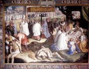 Peste de Milán: San Carlos Borromeo comunica a los moribundos. Fresco de Carlo Nebbia en el Colegio Borromeo en Pavía. Siglo XVI de Cesare Nebbia