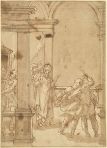 Dos figuras luchando ante un rey de Cesare Nebbia