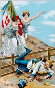 Primera Guerra Mundial: cartel que representa una alegoría de Italia y Francia persiguiendo a Alemania más allá de la frontera de Cesare Tallone