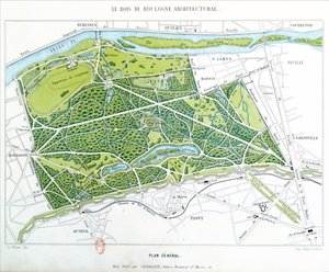 Plano del Bois de Boulogne en París, publicado por Caudrilier, 1860 de Ch. Walter