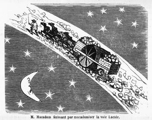 Caricatura sobre el revestimiento de piedra de las calles, MacAdam, ingeniero escocés (1756-1838): “M. Macadam terminando por macadamizar la Vía Láctea” - en “Álbum Charivarique”, ilustración de Cham